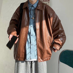 Voguable Pu Leather Jacket Men Brown Retro Motorcycle Jacket Autumn Korean Fashion Fried Street Loose Zipper Bomber Jacket Learher Coats voguable