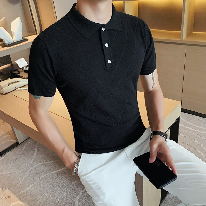 Voguable 2022 New Man Solid Color Stripped Ice silk knitting Polo Shirt Casual  British style Slim Men Short Sleeve High Quantity polo voguable