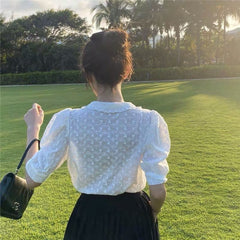 Summer Hollow Flower Lace Blouse Women 2023 Korean Chic Puff Short Sleeve Woman Shirt Peter Pan Collar Solid Loose Tops voguable