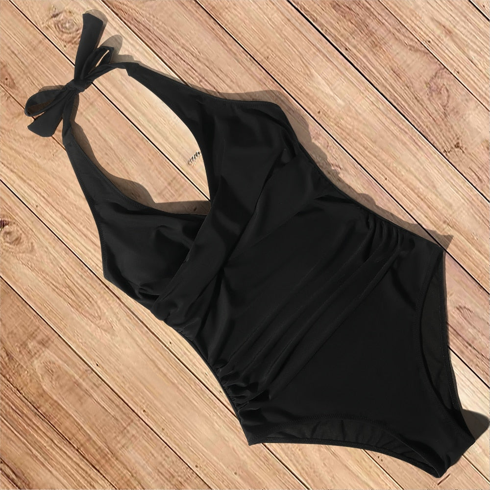 Voguable One Piece Swimsuit Women Solid Bathing Suit Halter Bodysuit Push Up Swimsuit Monokini Beachwear Plus Size Swimwear Tankini 2022 voguable