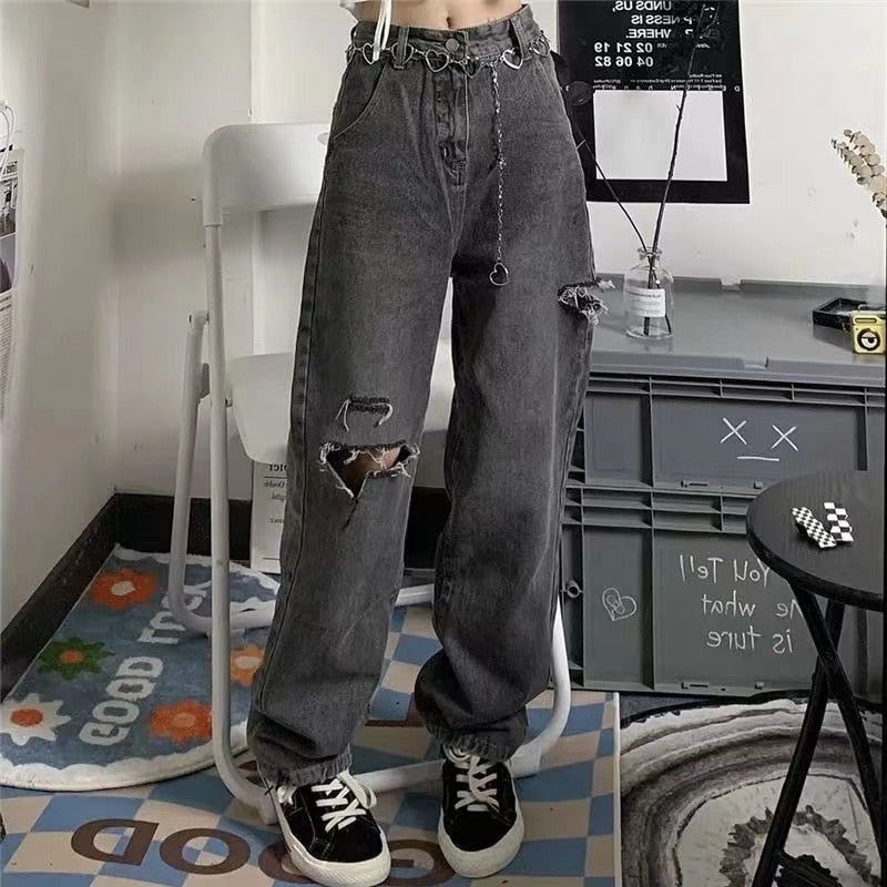 Voguable  Hot Girl High Street High Waist Denim Pants Femme Korean Fashion  Trousers Grunge Punk Vintage Hole Streetwear Woman Jeans Y2K voguable