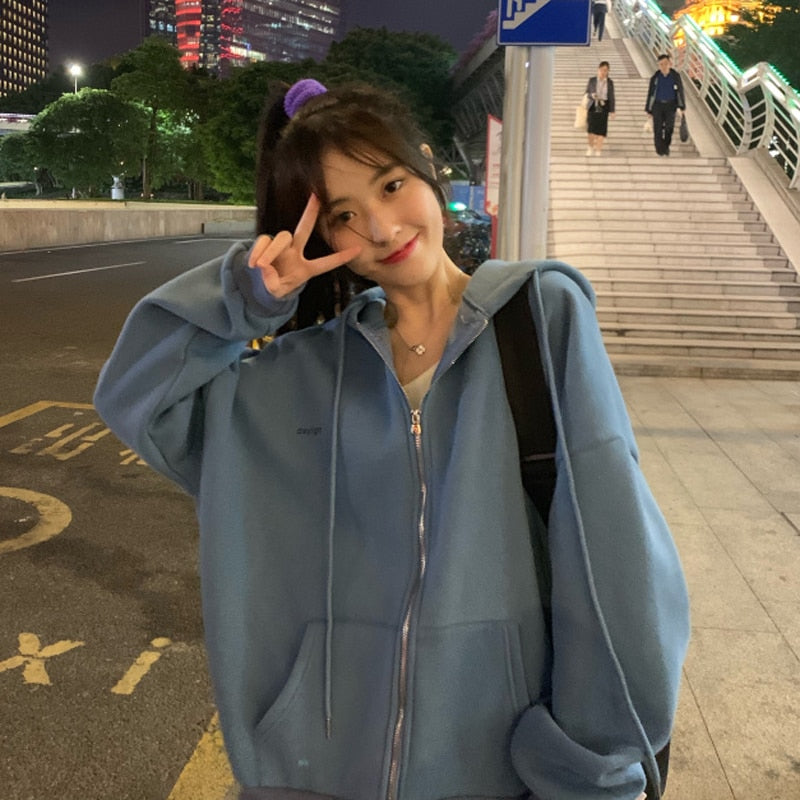 VOGUABLE  Women Hoodies Harajuku Korean Version Zip Up Loose Oversized Sweatshirts Casual Solid Color Long Sleeve Hooded Sweatshirt Coats voguable