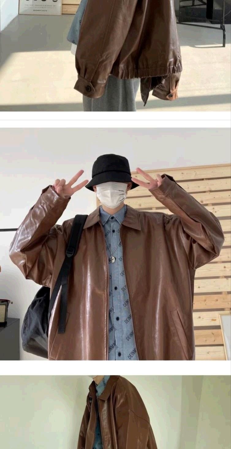 Voguable Pu Leather Jacket Men Brown Retro Motorcycle Jacket Autumn Korean Fashion Fried Street Loose Zipper Bomber Jacket Learher Coats voguable