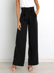 Belt Waist Elastic Wide Leg Black Long Pants Women High Waist Zip Solid Office Lady Pockte Ruffles White Fashion Trouser voguable