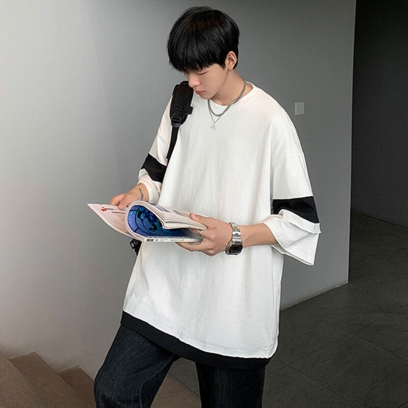 T-shirts Men Clothing Summer Harajuku O-neck Baggy Preppy Vintage Korean Style Trendy Camisetas Handsome Teens Fake Two Piece voguable