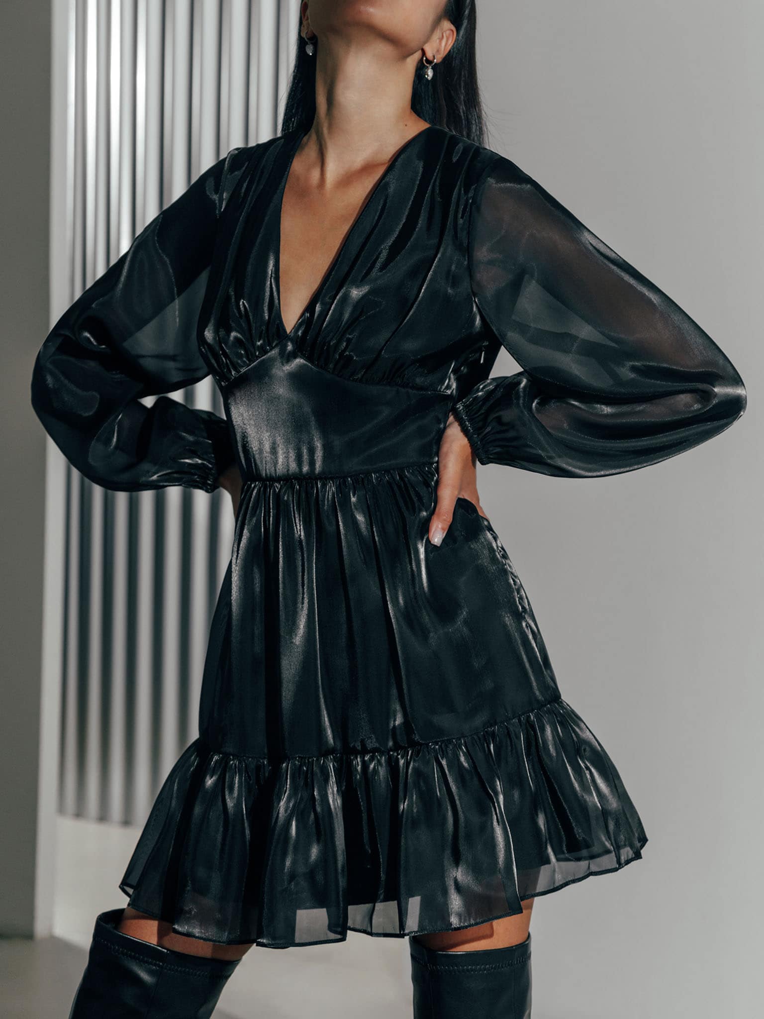 Lichi Dress New Summer Light Ruffled Chiffon Mini Dress V-Neck Premium Dress Airy Puffed Sleeve Flared Hem Party Dresses voguable
