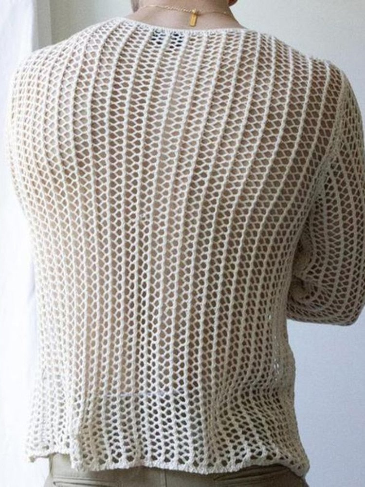 Sexy Men's T-shirt New Special Long Sleeve Bottoming Fashion Woven Solid Color Mesh Knit Hollow Out Round Neck voguable