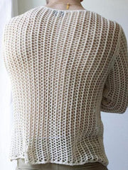 Sexy Men's T-shirt New Special Long Sleeve Bottoming Fashion Woven Solid Color Mesh Knit Hollow Out Round Neck voguable