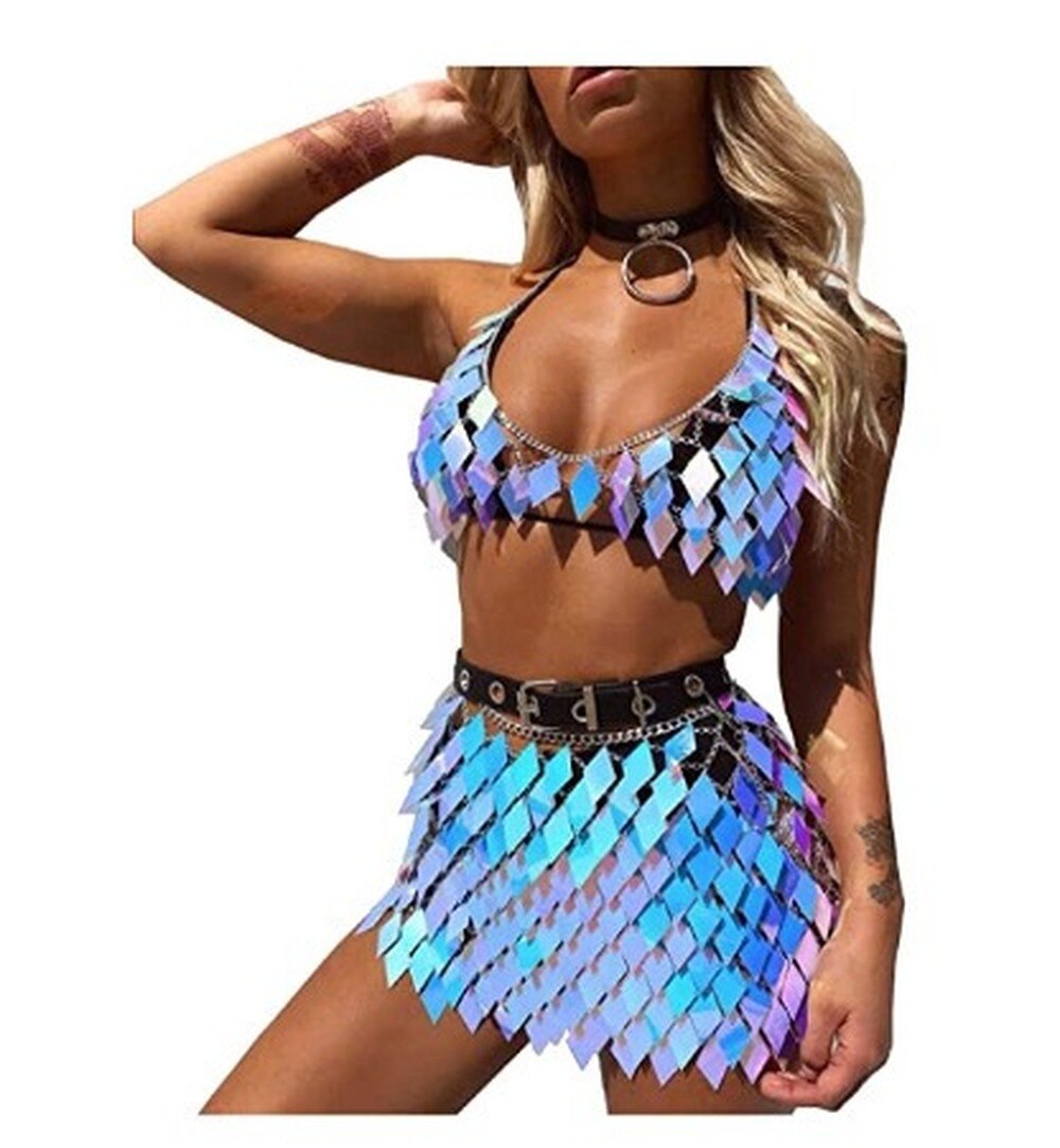 Voguable  lady Outfits Halter V-Neck Backless Camis Sexy Hollow Out Mini Skirt Summer Fashion Rave Festival Body Chain Set Rhombic Sequins voguable