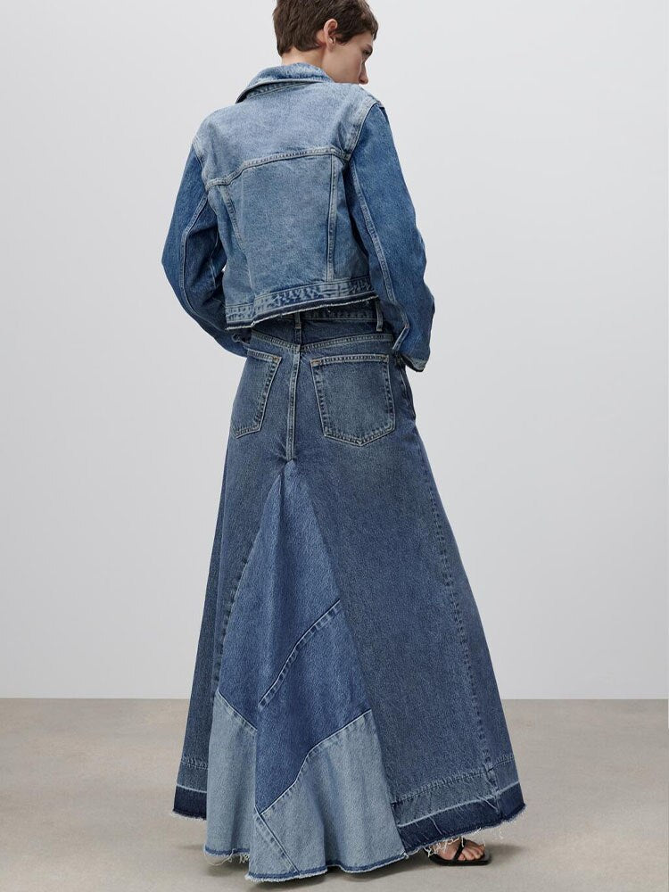 Voguable  denim skirt 2022 spring new women's clothing Versatile fashion high waist contrast color patchwork casual denim skirt series voguable