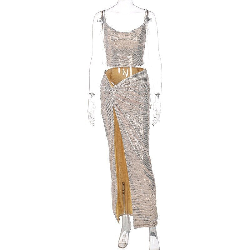 Voguable  Sleeveless Lady Maxi Dresses Elegant Women Two Piece Irregular Party Dress Floor Length Dress Draped High Slit Dress Club Wear voguable