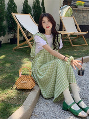 Korean Style Sweet Dress Suits for Women Summer 2 Two Piece Set Short Sleeve T-shirt + Loose Ruffle Plaid Vest Dress Vintage voguable