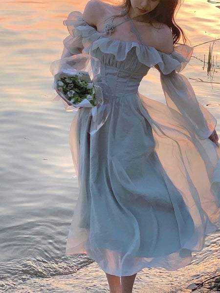 Getadme Long Sleeve Dress Female Blue Sweet A-Line Summer High Waist Vintage Slim Fairy Dress Princess Dress Sundress Beachwear Holiday