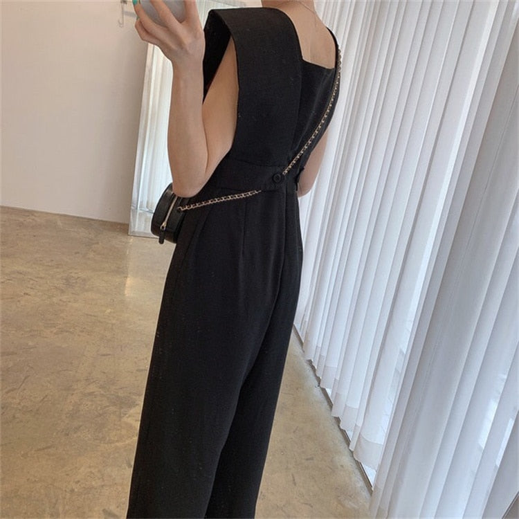 Summer Sexy Overalls for Women Sleeveless Loose Wide Leg Pants Rompers Casual Jumpsuits Vintage Office Lady Combinaison Femme voguable