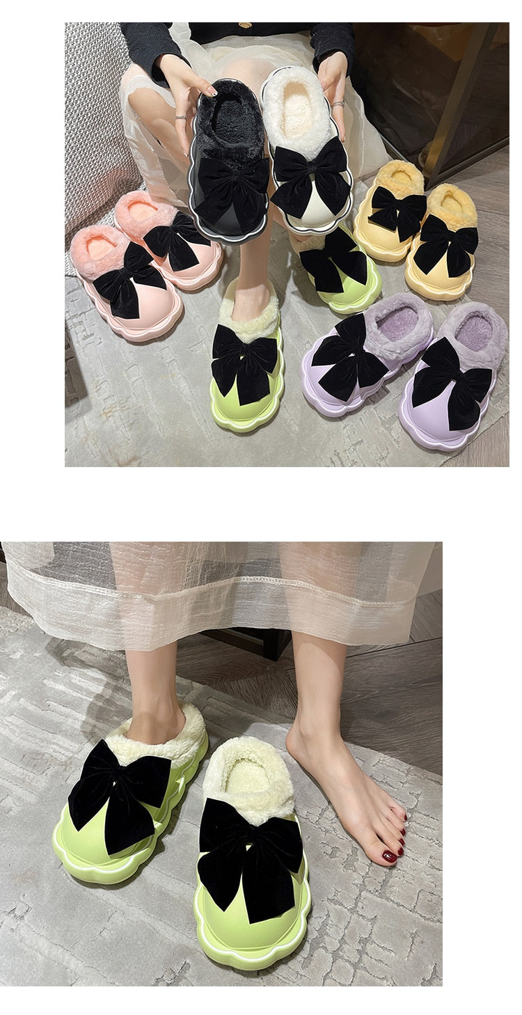 Med Fur Shoes Slippers Casual Slides Cover Toe Platform Slipers Women Butterfly-Knot Plush Luxury Flat Rome PU Fabric Fashi voguable