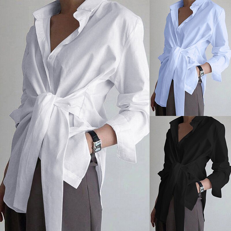 Elegant Lace-Up Women's Ctton Shirt Loose Long Sleeve White Blouse For Women Fashion Casual Button Up Office Shirt Blusas voguable