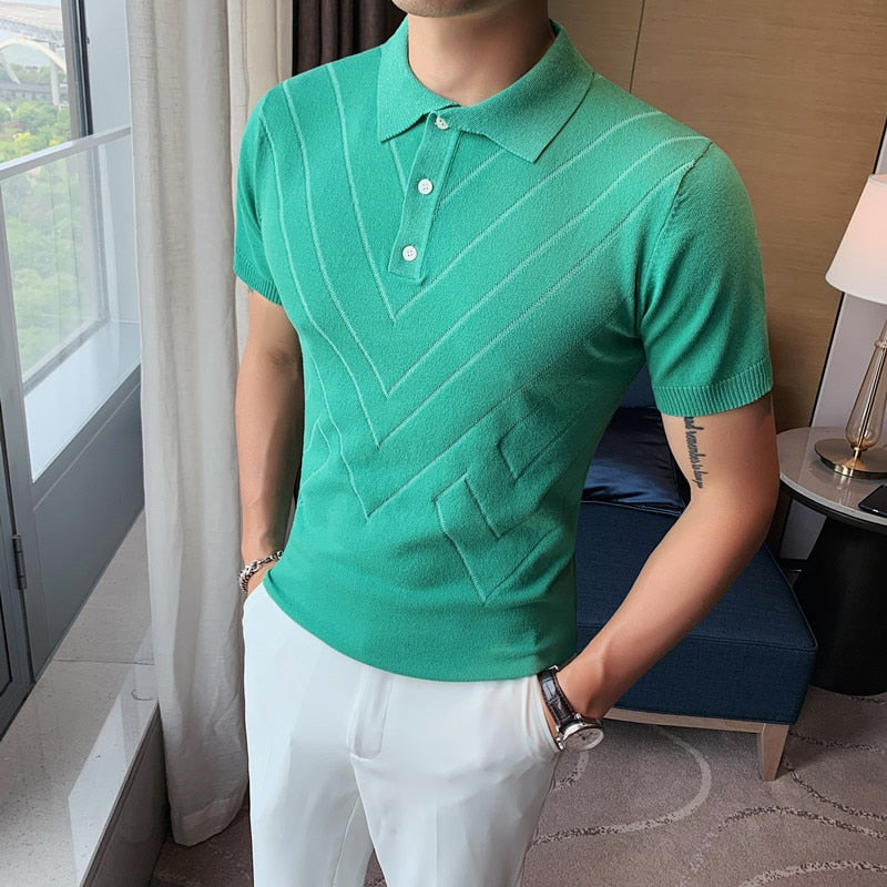 Voguable 2022 New Man Solid Color Stripped Ice silk knitting Polo Shirt Casual  British style Slim Men Short Sleeve High Quantity polo voguable