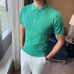Voguable 2022 New Man Solid Color Stripped Ice silk knitting Polo Shirt Casual  British style Slim Men Short Sleeve High Quantity polo voguable