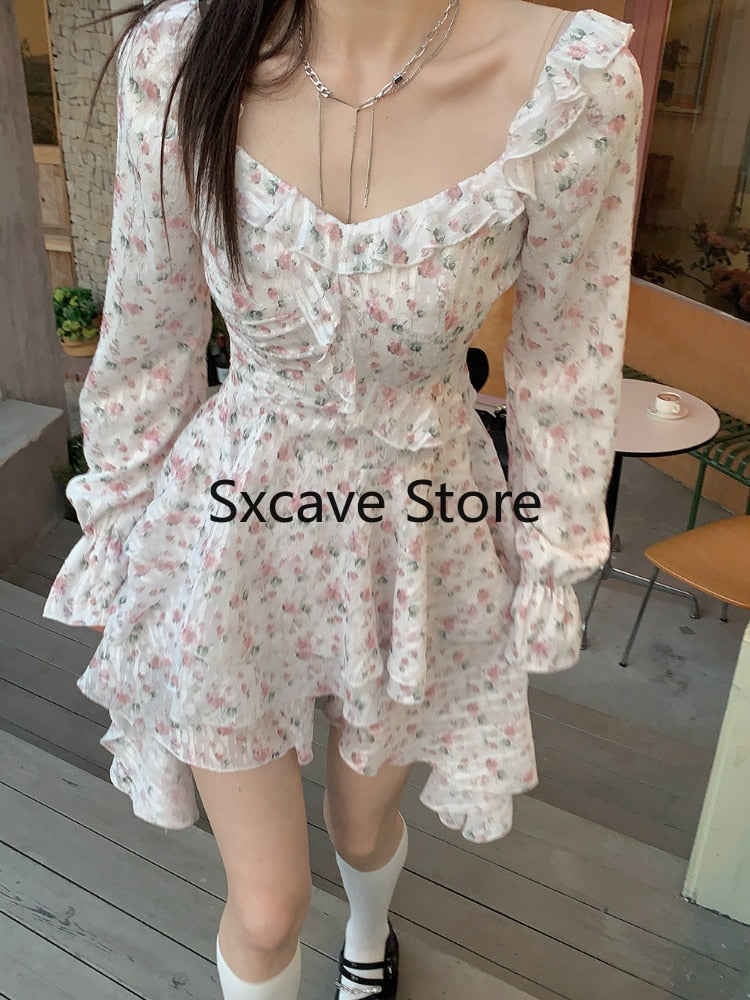 Voguable  2022 Summer Floral Short Party Dress Women Beach V-Neck Y2k Mini Dress Vintage Female Fairy Elegant One Piece Dress Korean Chic voguable