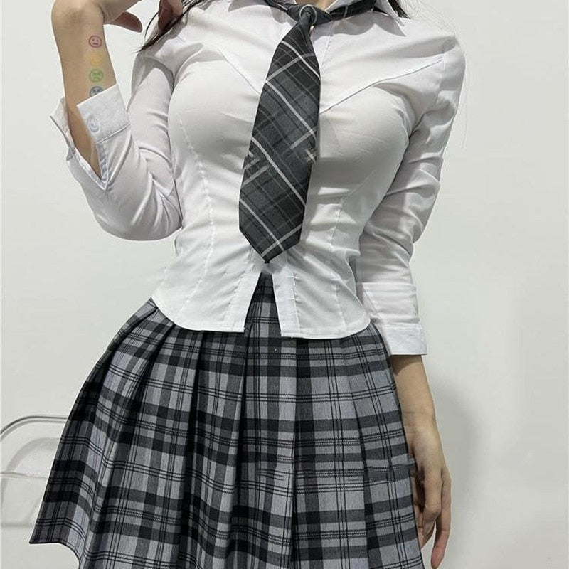 Voguable  Sexy Slim Basic White Shirt Women Tunics Vintage Cute Korean Style Long Sleeve School Shirt Girls Casual Jk Uniform Tops voguable