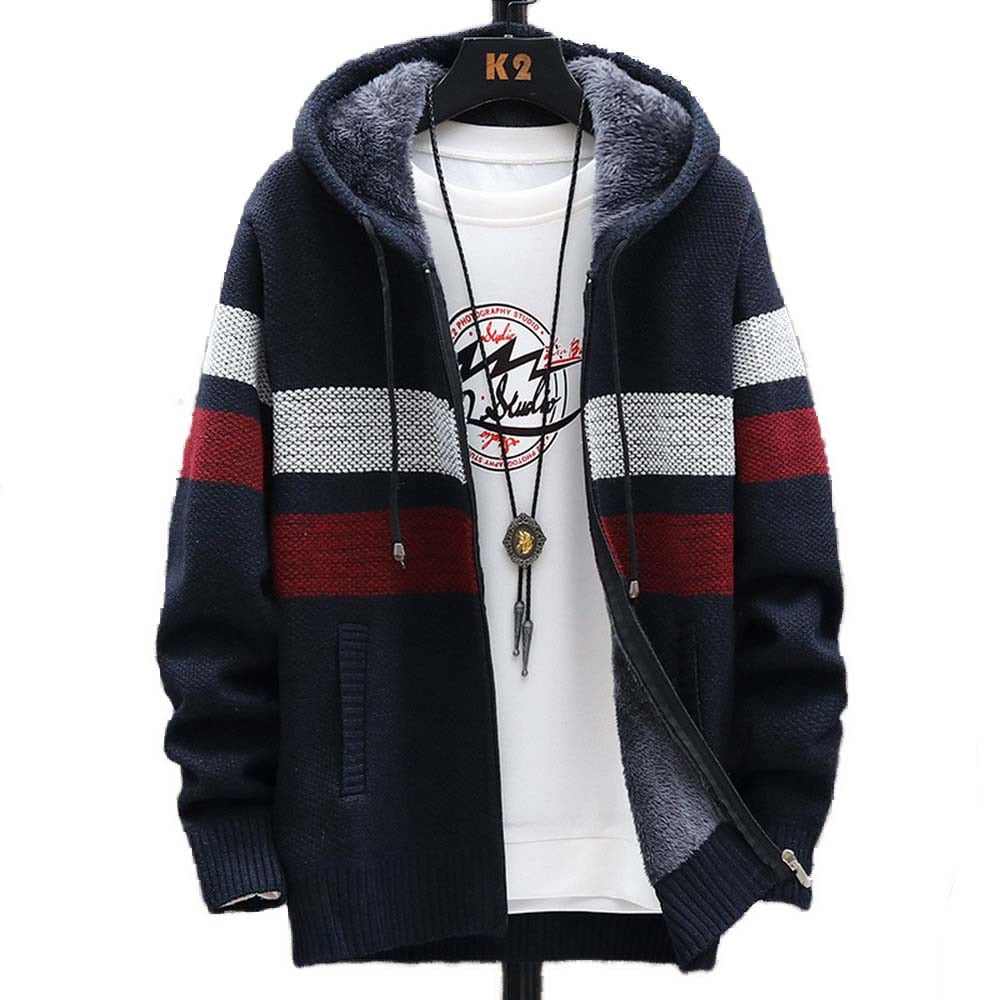 Striped Mens Sweater Coat Thick Fleece Warm Zipper Wool Hooded Cardigan Jumpers Men Long Sleeve Knitted Sweaters voguable