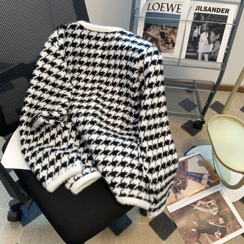 Women Elegant Autumn Winter Knitted England Style Cardigan Sweater Houndstooth Coat Female Fashion Outerwear Lady  Clothes voguable