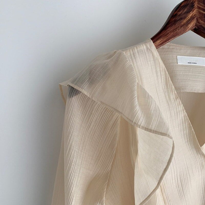 Spring Vintage Chiffon Blouse Women Ruffled V-neck Solid Woman's Shirt Tops Solid Sweet Long Sleeve Female Blouses voguable
