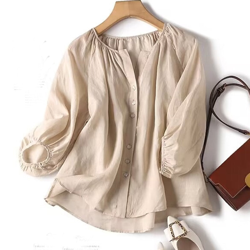 Elegant Casual Loose Cotton Women Blouse Fashion O Neck Vintage Puff Sleeve Buttons Shirts Women Summer Office Ladies Tops voguable