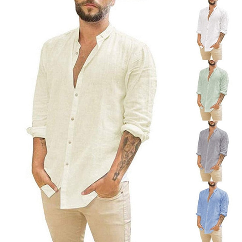 Voguable  New Men's Casual Blouse Cotton Linen Shirt Loose Tops Short Sleeve Tee Shirt Spring Autumn Summer Casual Handsome Men Shirt voguable