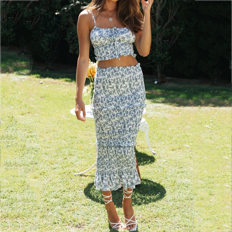 Ruffle Elastic Bodycon Blue Summer Dress Two Pieces Long Dress Sets Holiday Elegant Ladies Dresses Vestidos voguable