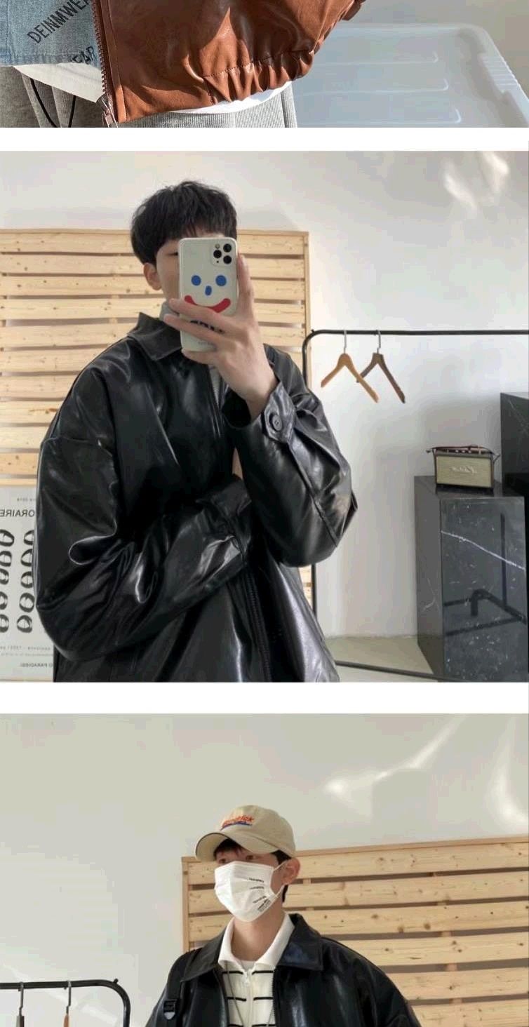 Voguable Pu Leather Jacket Men Brown Retro Motorcycle Jacket Autumn Korean Fashion Fried Street Loose Zipper Bomber Jacket Learher Coats voguable
