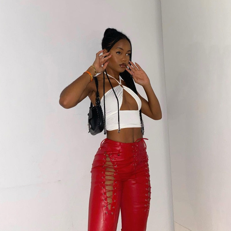 Women's Lace Up PU Leather Pants Chic High Waist Hollow Out Sexy Y2K Drawstring Bandage Cut Out Gothic Faux Leather Trousers voguable