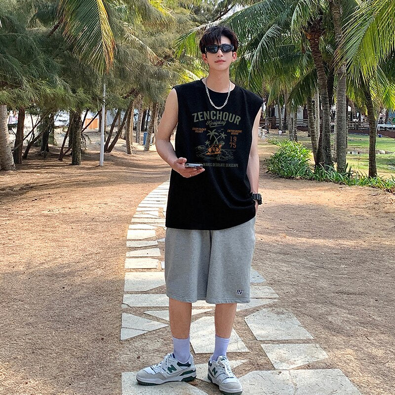 Sleeveless Tank Top Ins American Printed Men Loose T-shirt Beach Sports Casual Tops Male Summer New Cotton Round Neck Tees voguable