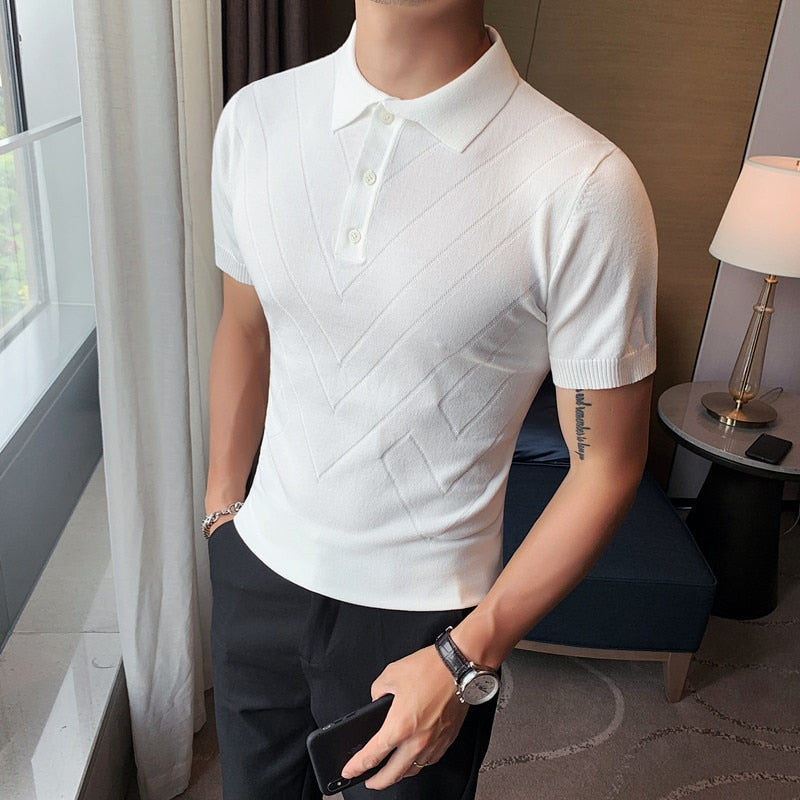 Voguable 2022 New Man Solid Color Stripped Ice silk knitting Polo Shirt Casual  British style Slim Men Short Sleeve High Quantity polo voguable