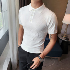 Voguable 2022 New Man Solid Color Stripped Ice silk knitting Polo Shirt Casual  British style Slim Men Short Sleeve High Quantity polo voguable
