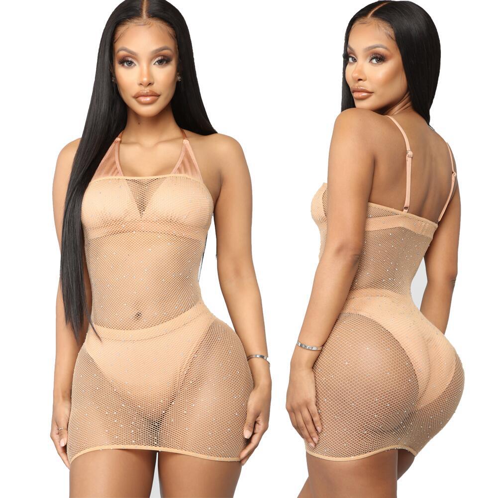 Voguable  Crystal Rhinestone Diamond Mesh Bikini Cover Up Women Sequin Fishnet Bling Strapless Dresses Female Swimsuit Ladies Bathing Suit voguable