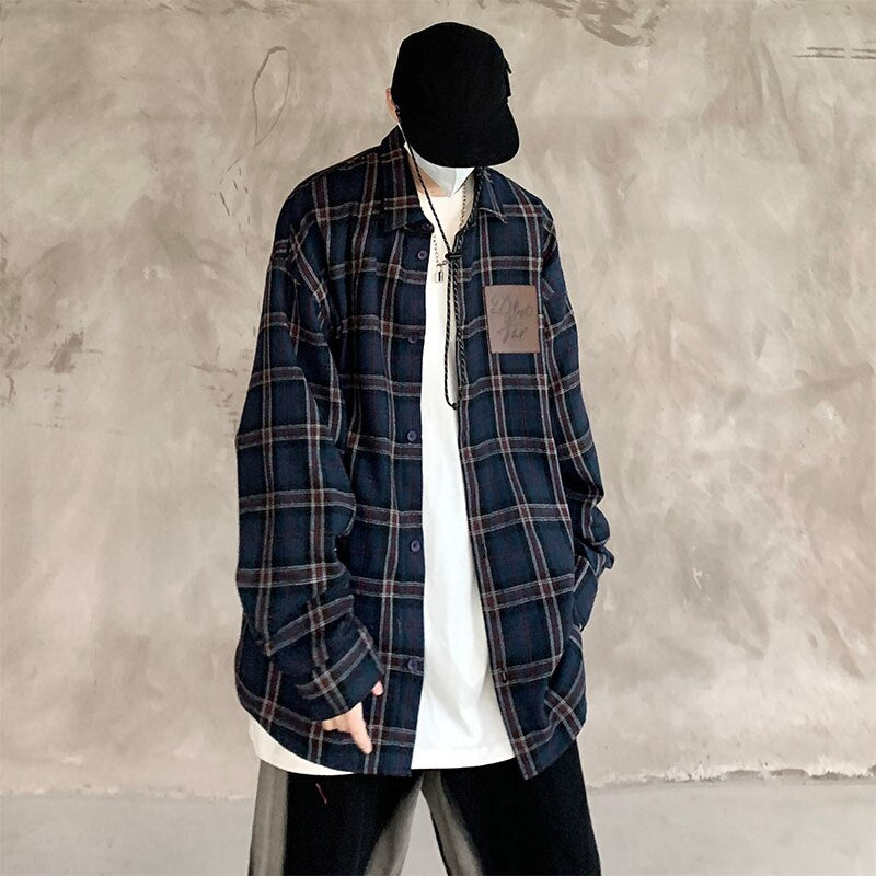 Men's Vintage Plaid Blouses Turn-down Collar Dark Streetwear Spring New Male Shirts Long Sleeve Casual Unisex Tops voguable
