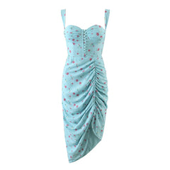 2022 Fashion Women Spaghetti Strap Asymmetrical Drawstring Slit Sexy Dress Sweet Floral Print Summer Ladies Chiffon Robe voguable