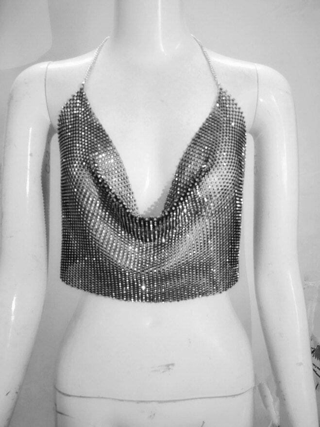 Chain Backless Short Beach Holiday Club Tank Top Festival Clothes Colorful Rhinestones Camisole Hollow Crystal Fishing Net Metal voguable