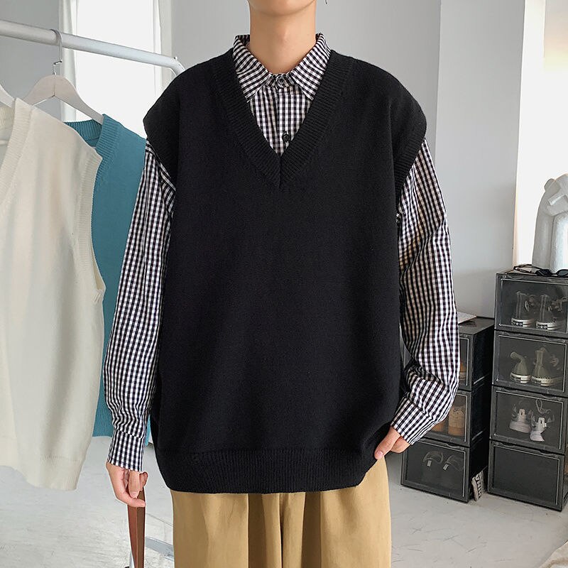 Sweater Vest Men Knitting V-neck Sleeveless Loose Casual Spring New Arrival Trendy Simple All-match Ins Clothing Basic Harajuku voguable