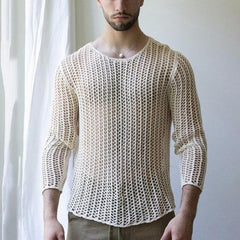 Sexy Men's T-shirt New Special Long Sleeve Bottoming Fashion Woven Solid Color Mesh Knit Hollow Out Round Neck voguable