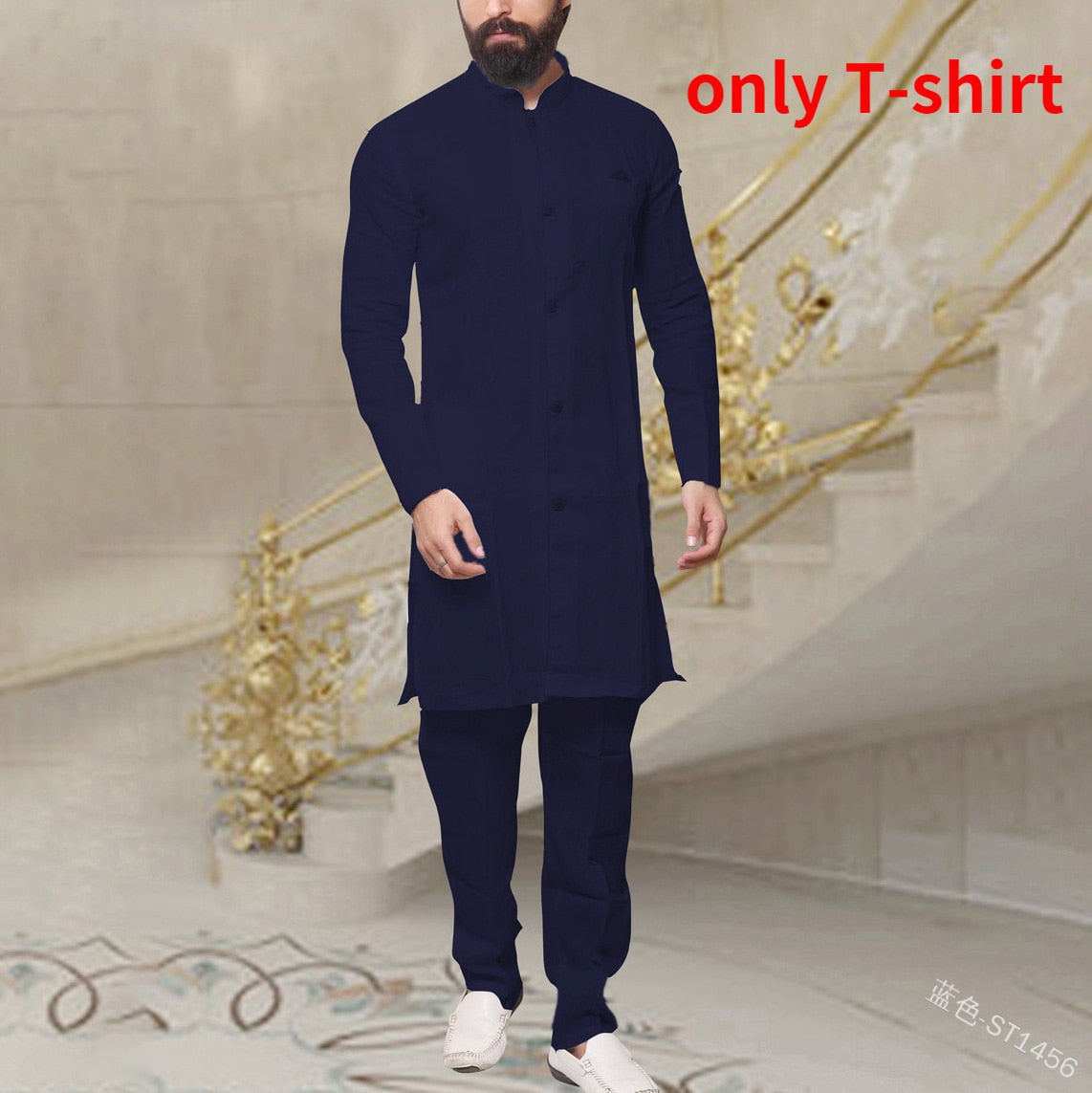 Men Fashion African Clothes Cotton T-shirt Dubai Muslim Long Sleeve Tee Tops Islamic Clothing Set Arabic Casual Blouse Robe Gown voguable