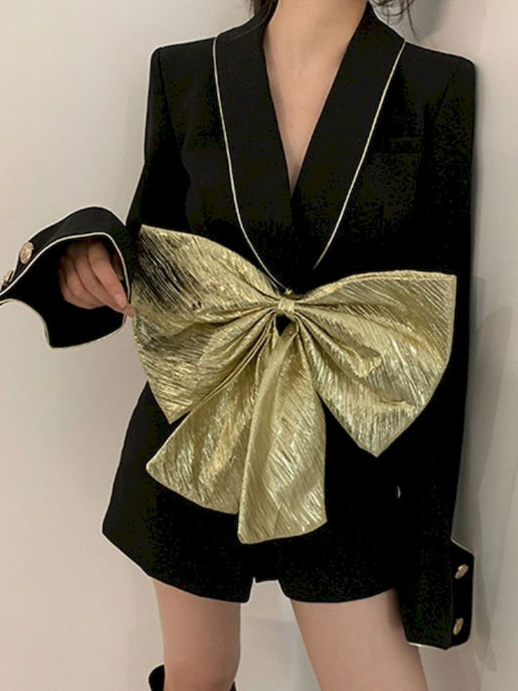 High Quality Brand New Spring Runway Short Jumpsuit Golden Bowknot Belt Long Sleeve Women Sexy Party Romper Playsuits voguable