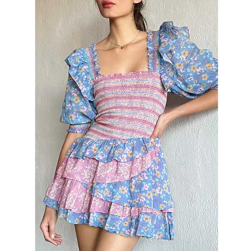 Mixed floral prints ruffled party dress puff sleeve square neck smocked sexy laides dress mini chic summer dress voguable