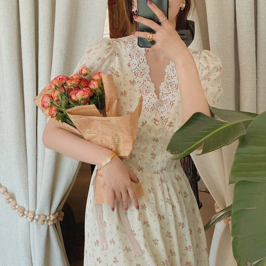 Vintage Floral Dress Women Elegant Lace Chiffon Korean Party Dress Puff Sleeve V Neck Midi Dress Fall Dresses for Women New voguable