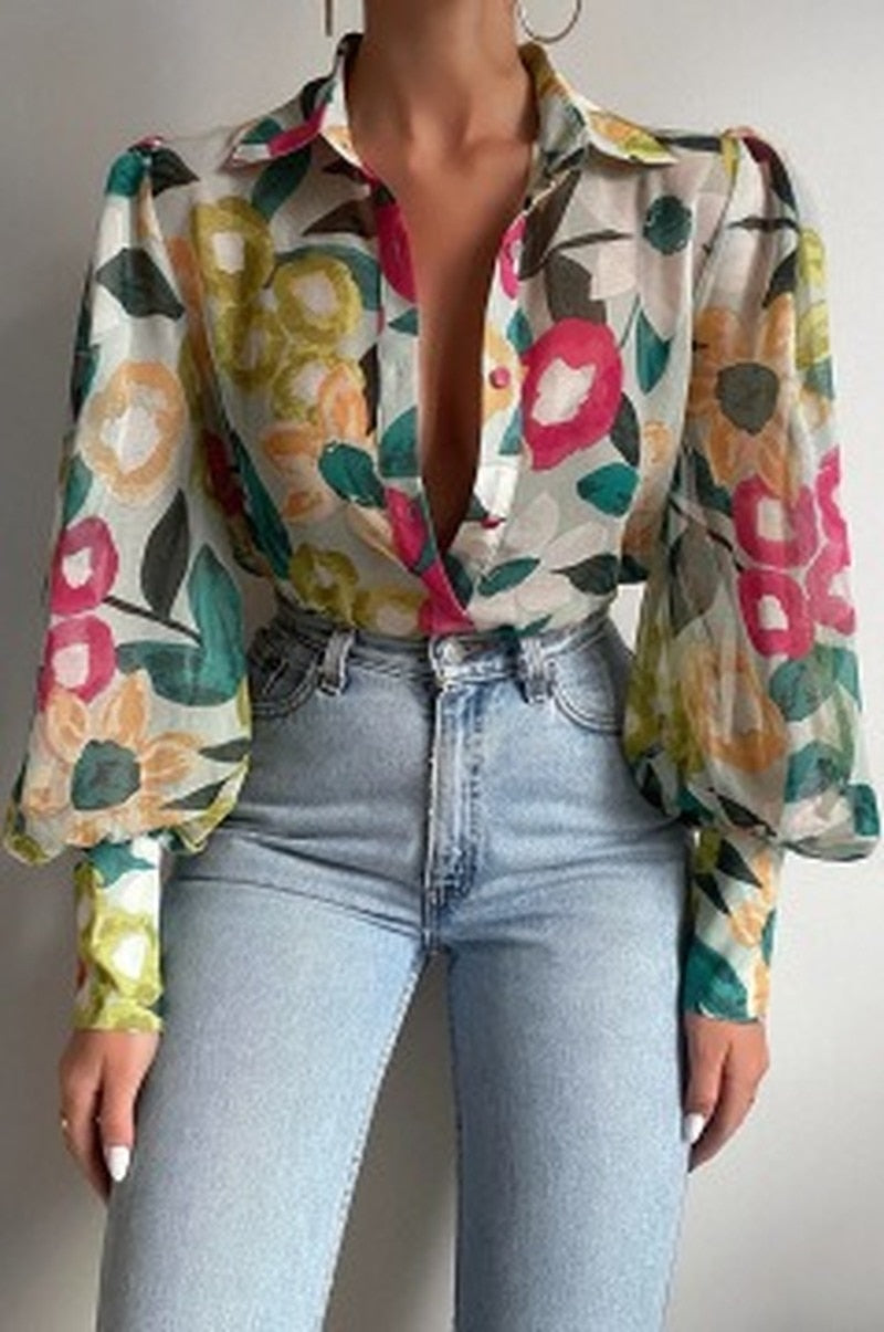 Print Ladies Lantern Sleeve Blouses Fashion Spring Office Lady Vintage Floral Shirt Tops Button Up Long Sleeve Shirts voguable