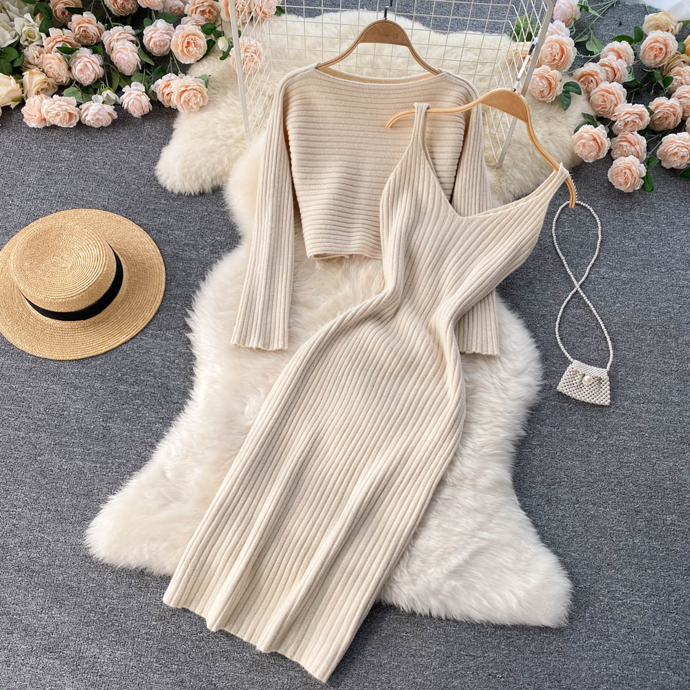 Women Elegant Slim Two Piece Sets Female Sweater Dress Autumn Winter High Waist Knitted Ensemble Femme Medium Long Party Dresses voguable