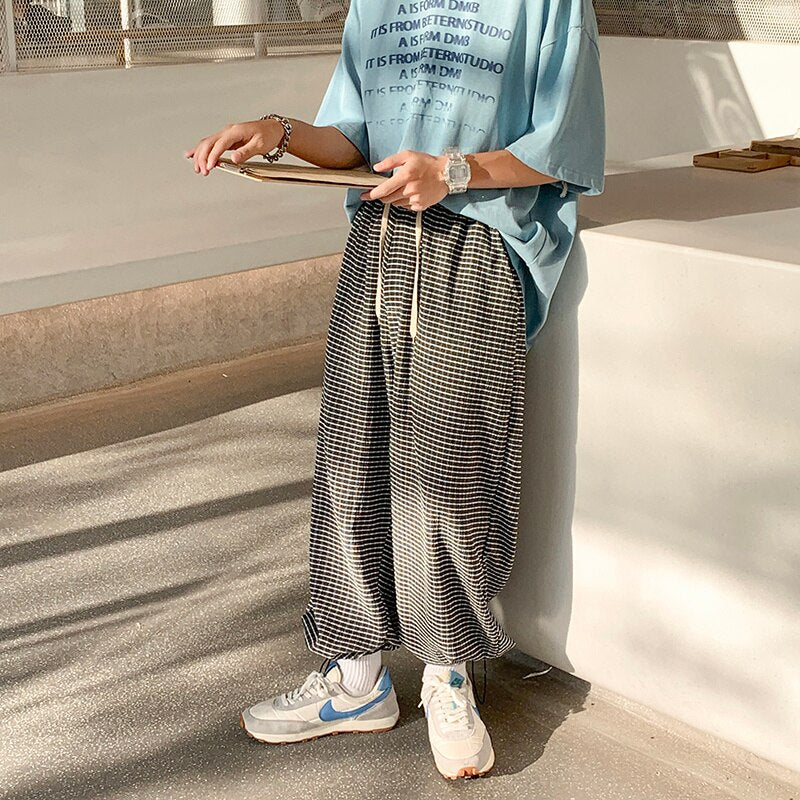 Summer Oversized Casual Pants Men Fashion Retro Ice Silk  Plaid Pants Men Streetwear Hip Hop Loose Straight Pants Mens Trousers voguable
