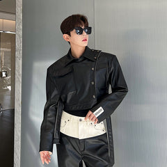 Spring Designer Short Denim Pu Leather Jacket Contrast Color Turn-down Collar Long Sleeve Male Coat Fashion 9A7435 voguable