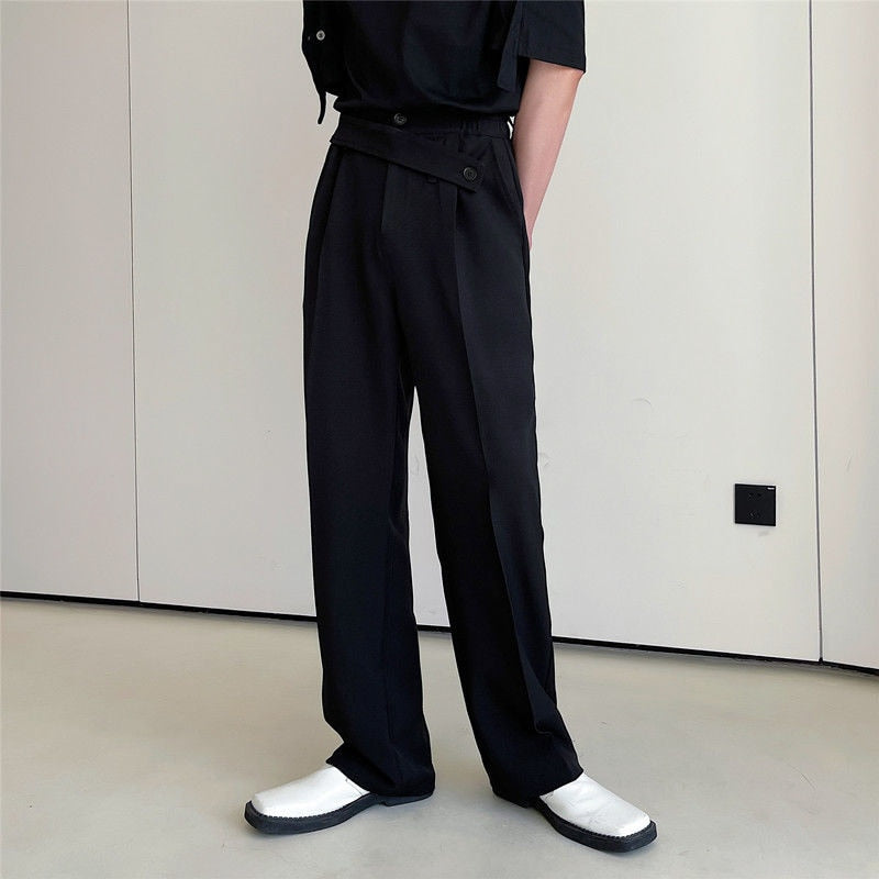 Korean Style Casual Bandage Simple Solid Color Men's Straight Pants Button Pocket Zipper Autumn New  Versatile voguable